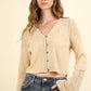 VERY J V-Neck Lace Detail Button Down Crop Ribbed Knit Top