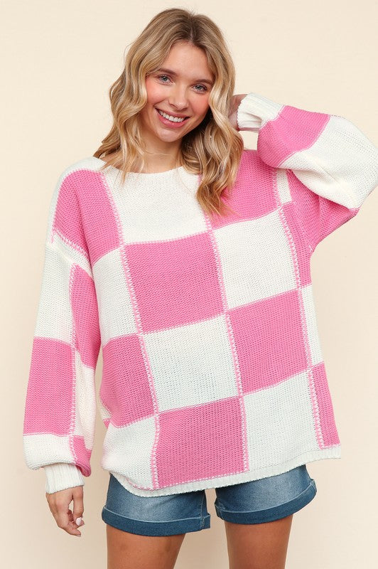 Haptics Full Size Checkered Round Neck Drop Shoulder Sweater