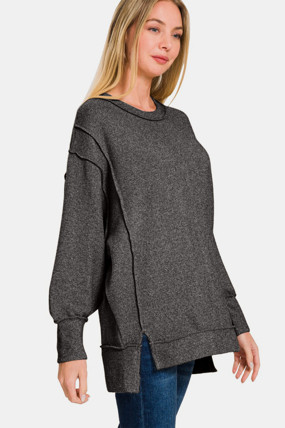 Zenana Full Size High-Low Round Neck Long Sleeve Sweater