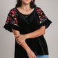 Umgee Full Size Velvet Embroidery Short Sleeve Blouse