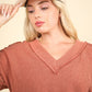 VERY J Two Tone Ribbed V-Neck Exposed Seam Top