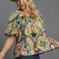 Umgee Full Size Abstract Print Smocked Square Neck Puff Sleeve Blouse