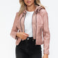 Snobbish Faux Leather Zip Up Drawstring Hooded Jacket