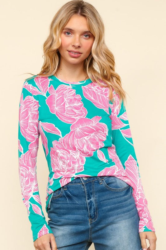 Haptics Full Size Floral Round Neck Long Sleeve T-Shirt