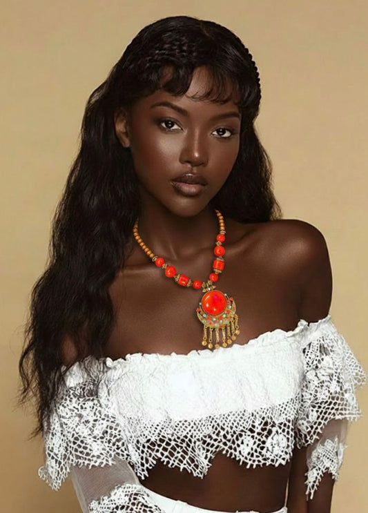 Red beaded statement necklace