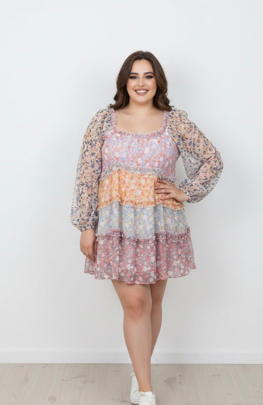 Floral long sleeve tiered dress