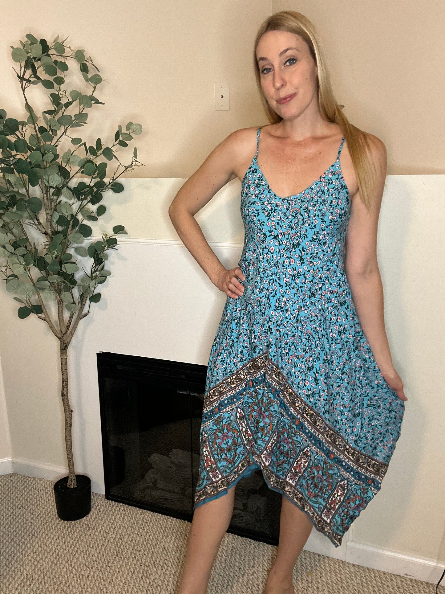 Boho blue floral handkerchief dress