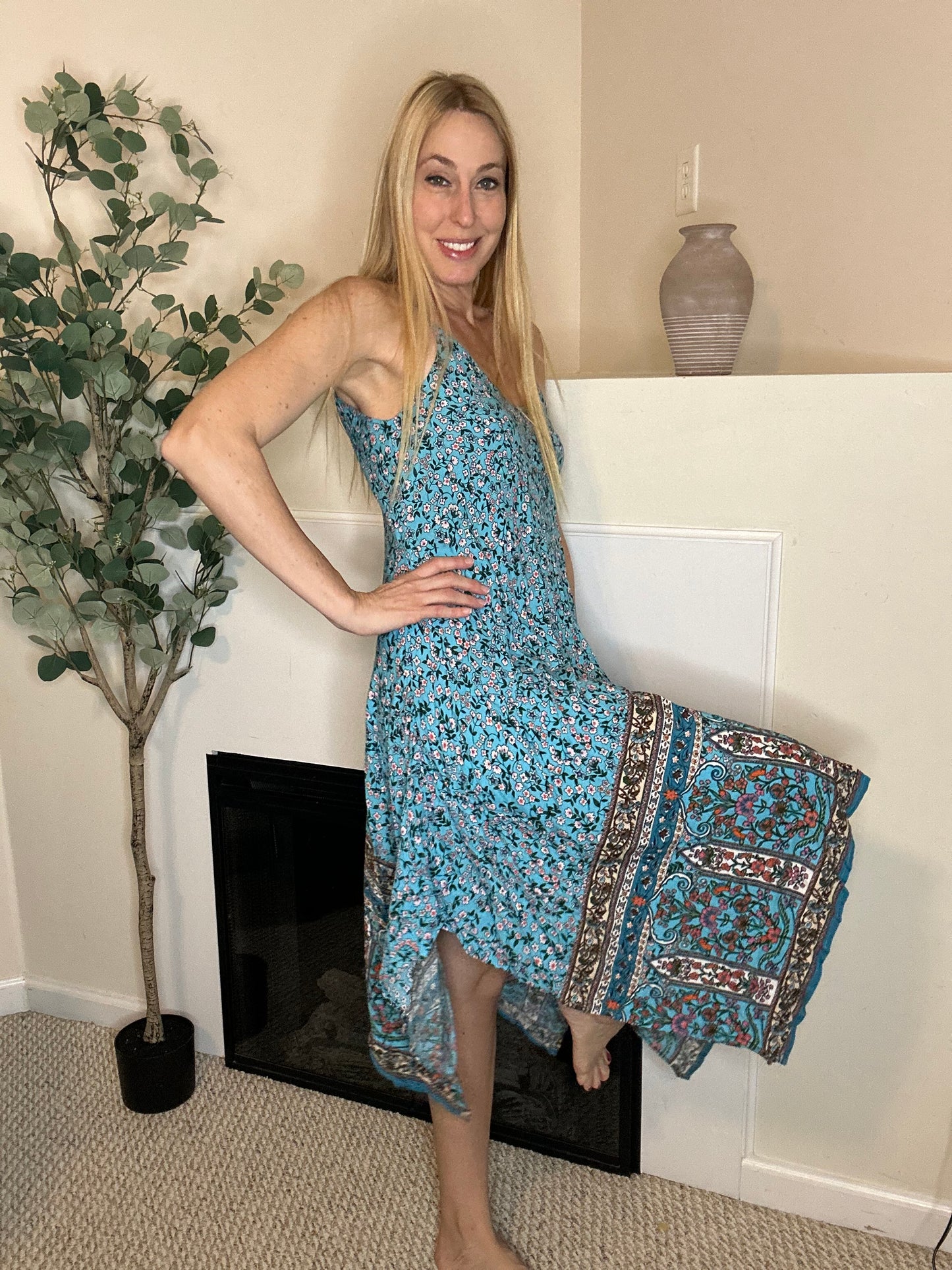 Boho blue floral handkerchief dress