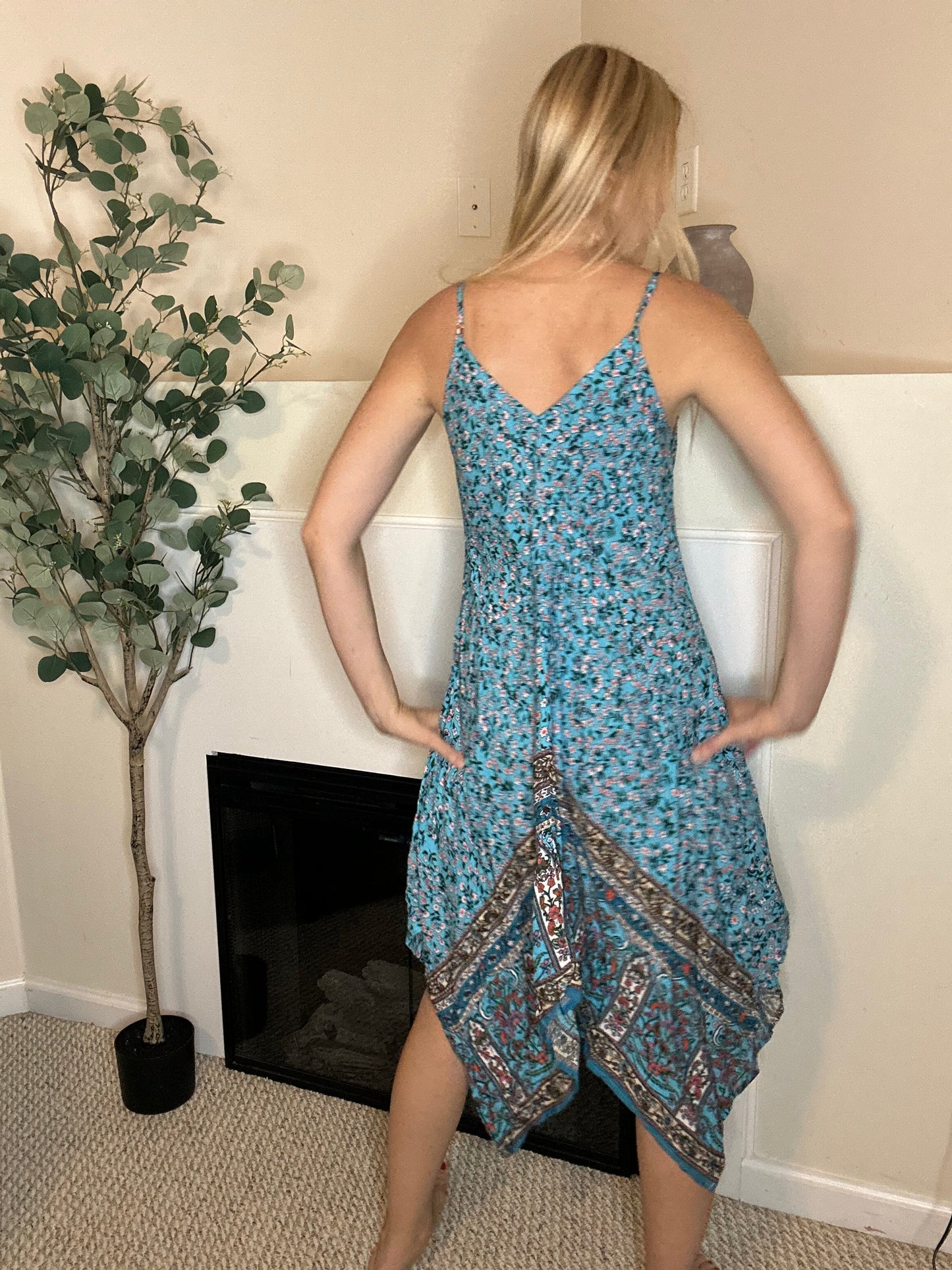 Boho blue floral handkerchief dress