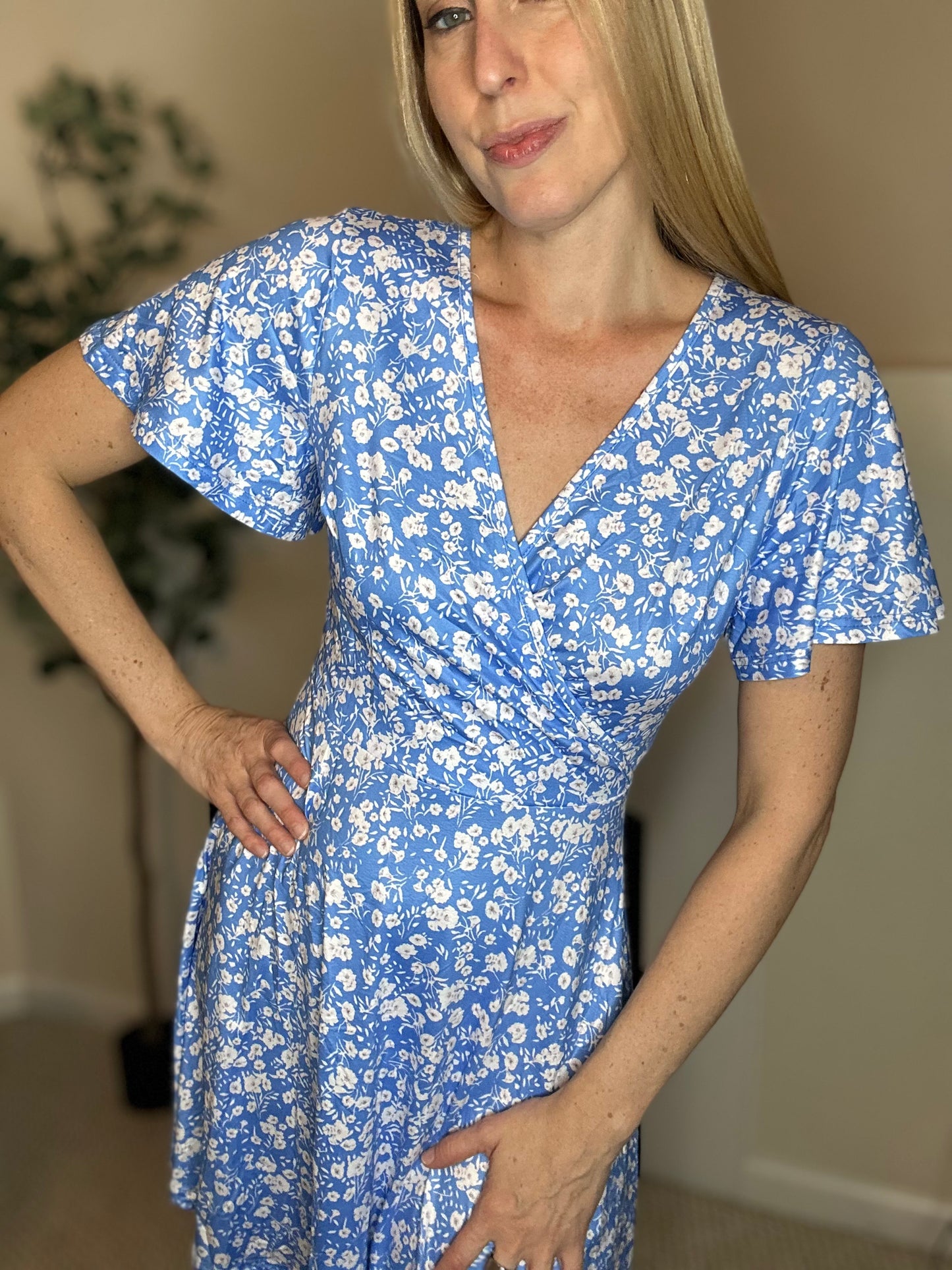 Soft blue floral v neck skater dress