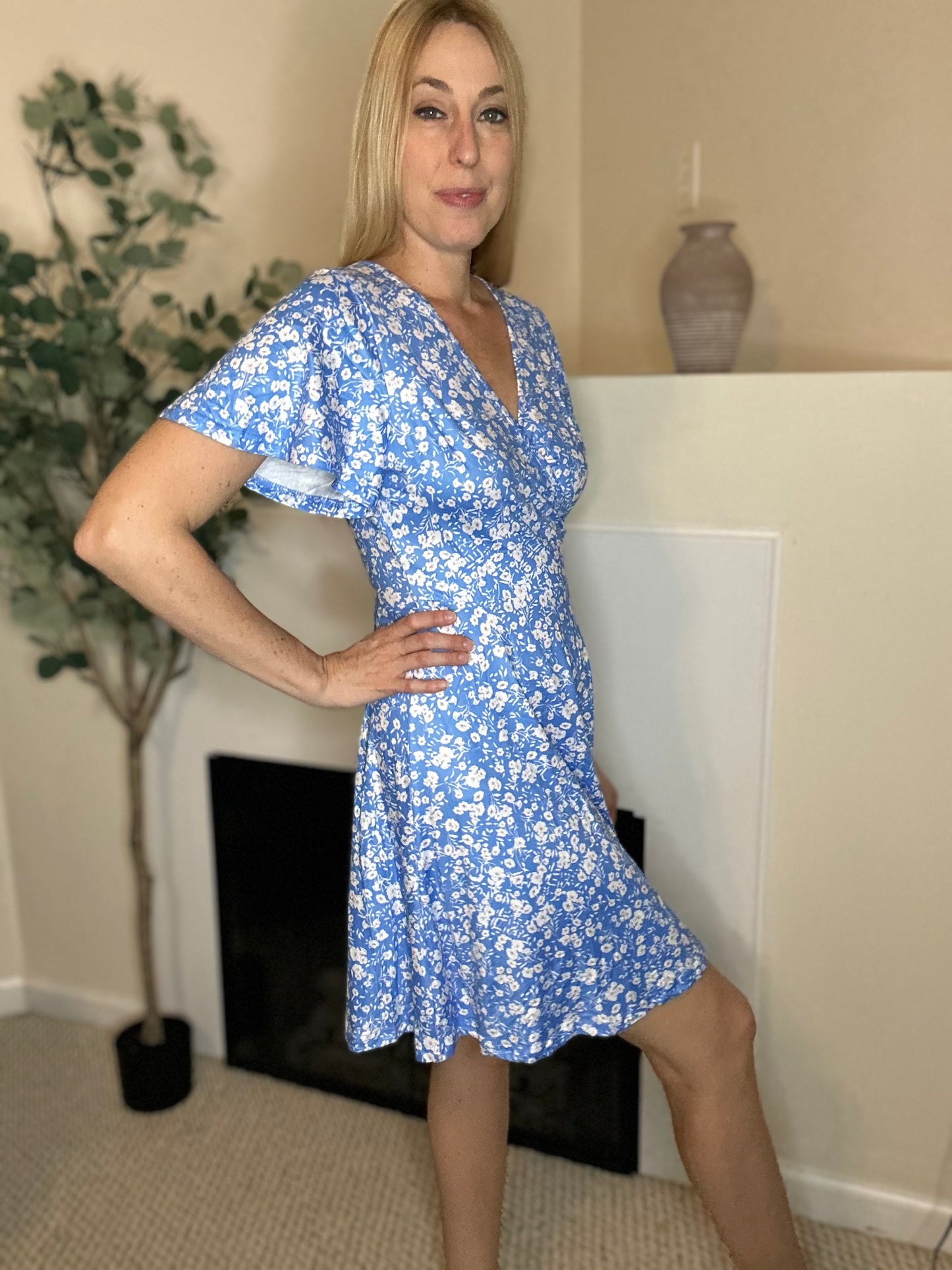 Soft blue floral v neck skater dress