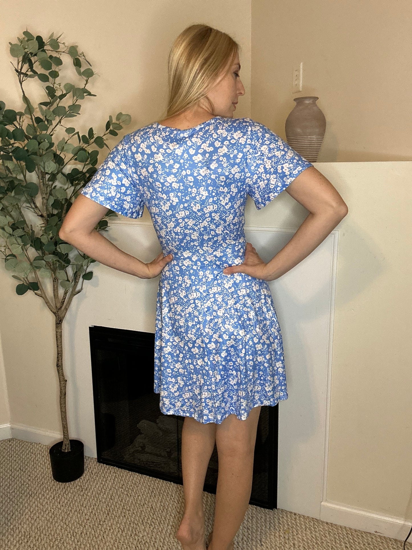 Soft blue floral v neck skater dress