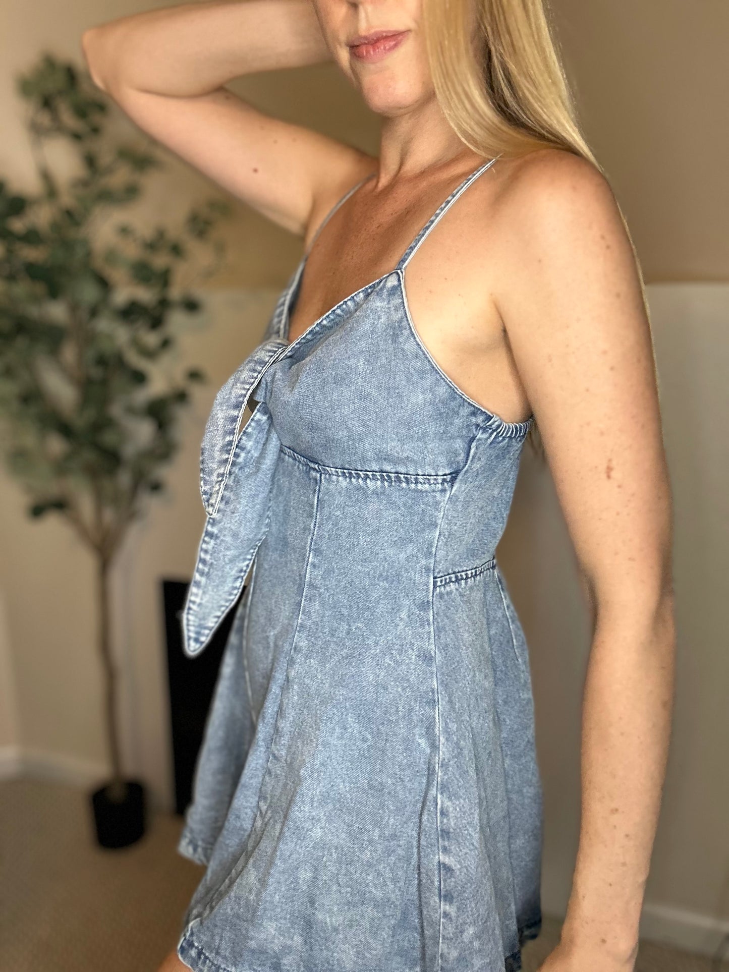 Denim mini romper with front tie