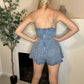 Denim mini romper with front tie