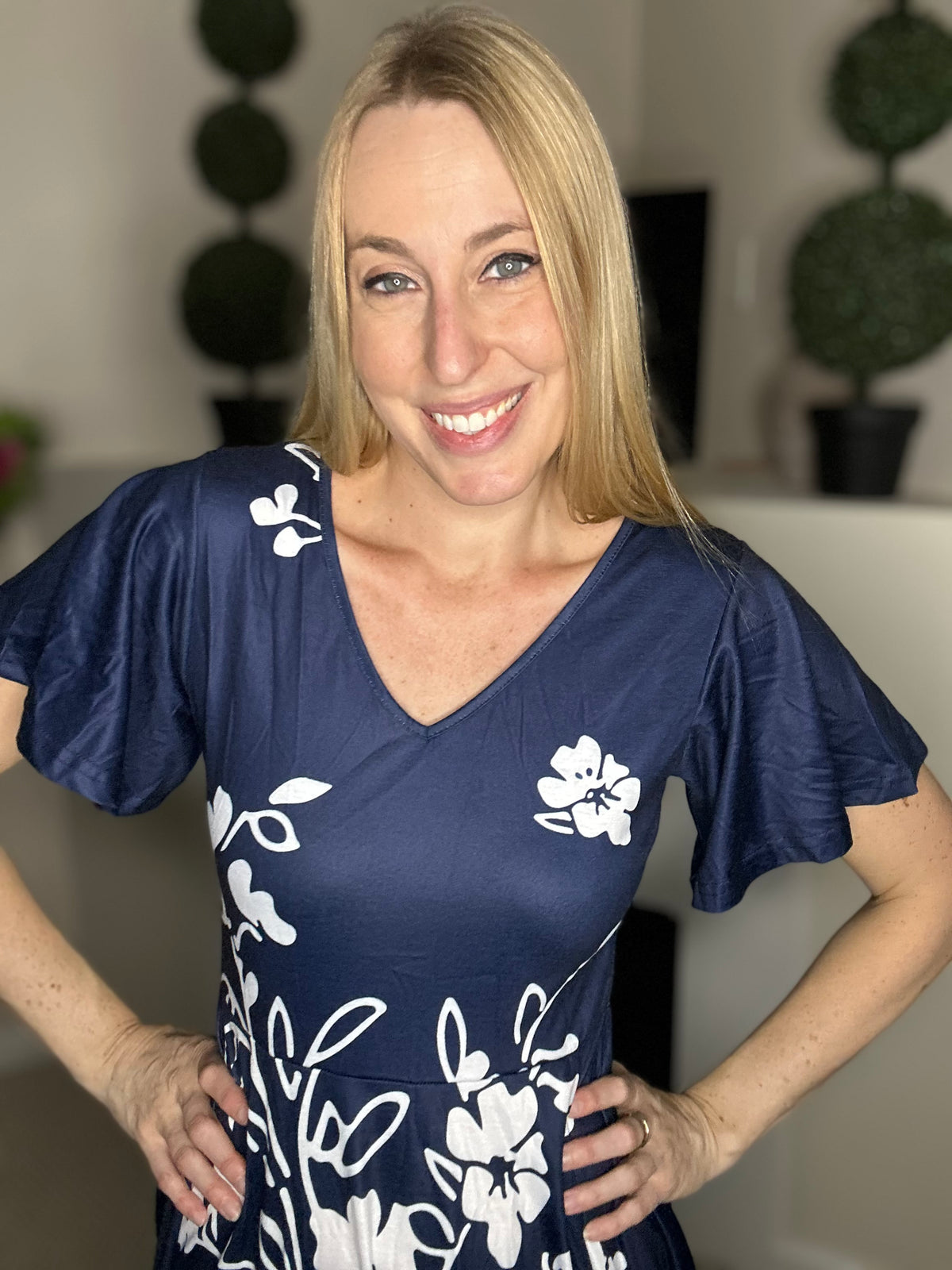 Navy blue floral midi dress
