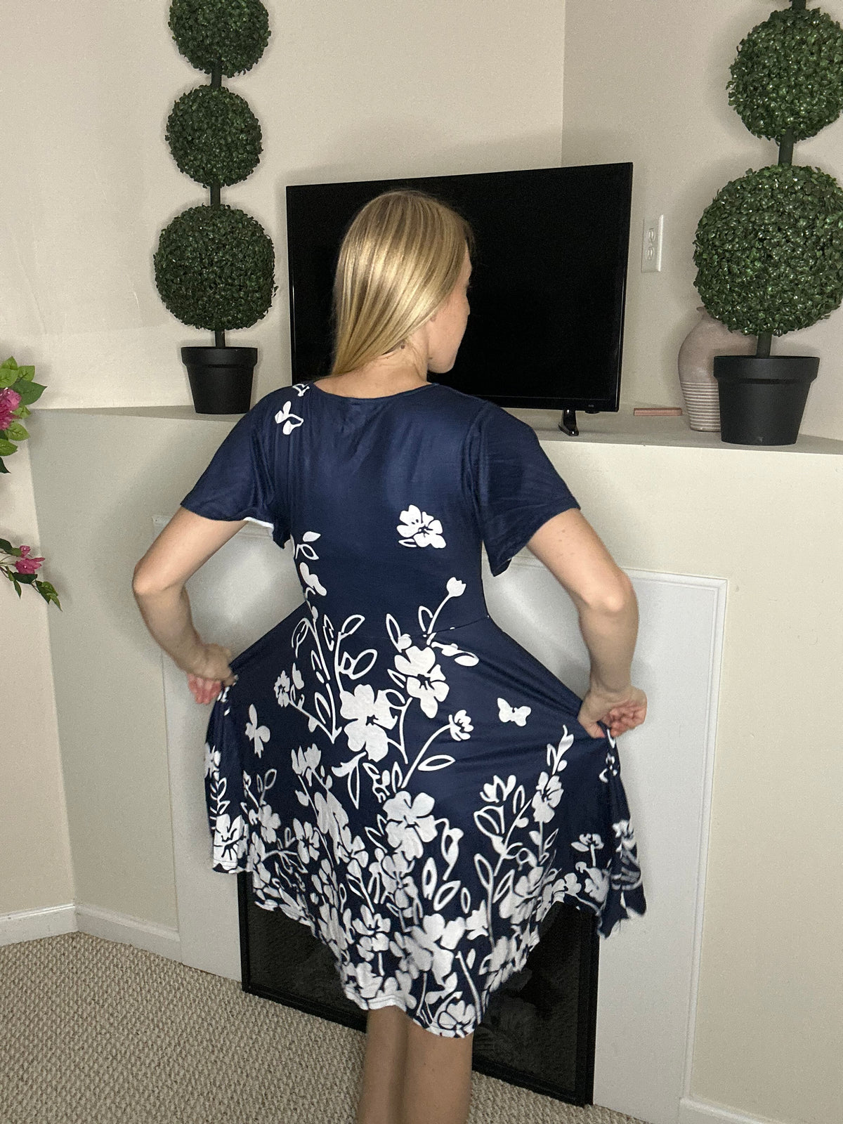 Navy blue floral midi dress