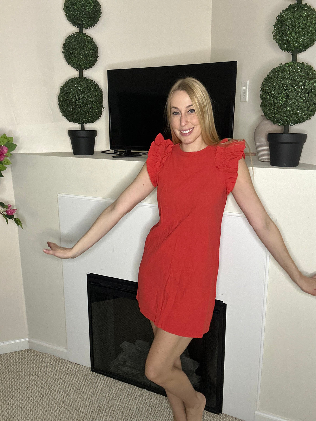 Red mini dress with ruffle sleeves