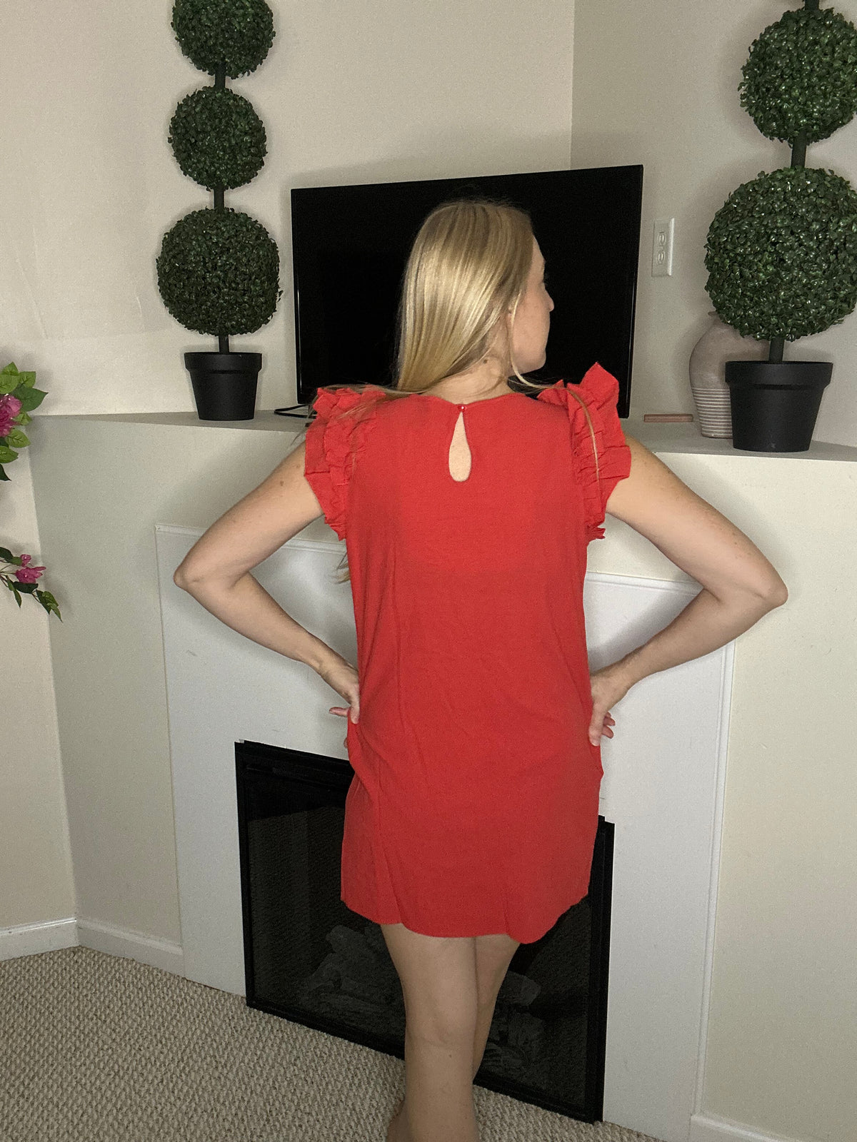 Red mini dress with ruffle sleeves