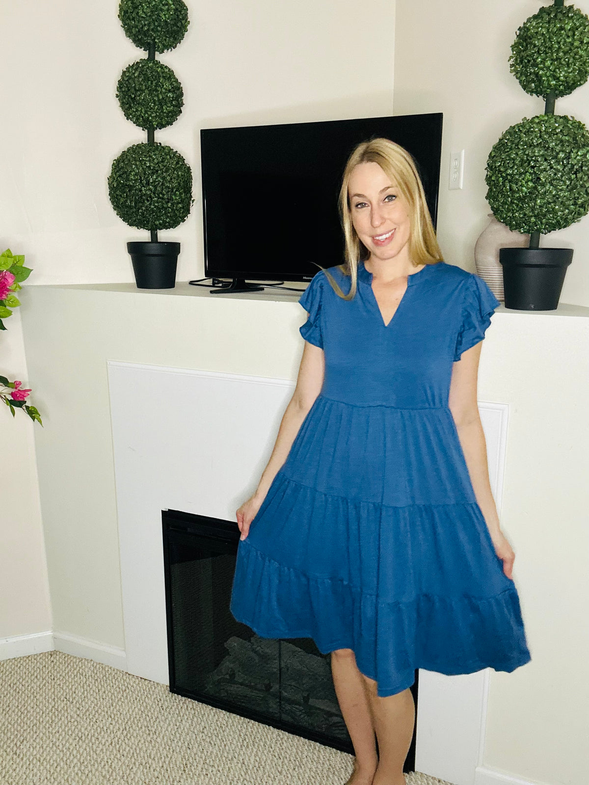 Blue tiered midi dress