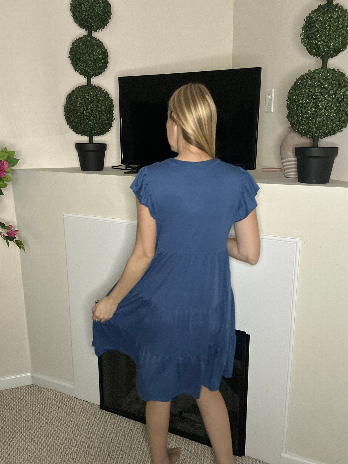 Blue tiered midi dress