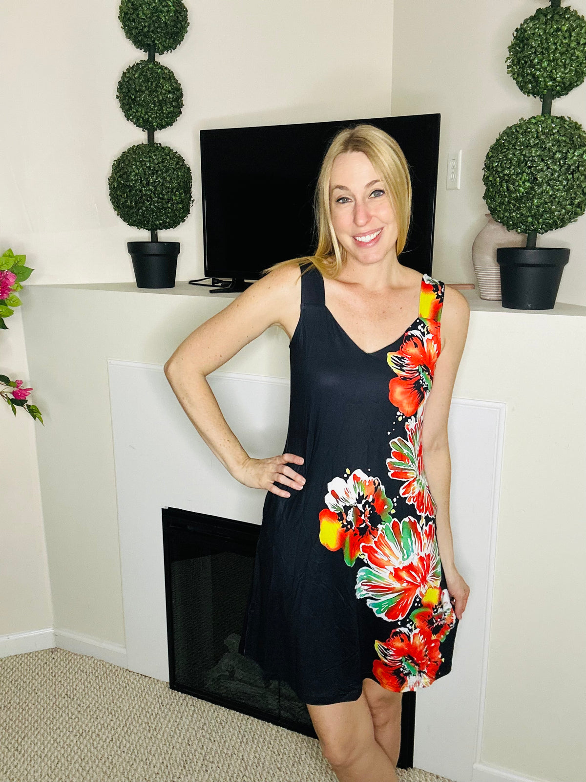 Vacation floral black mini dress