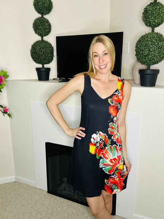 Vacation floral black mini dress