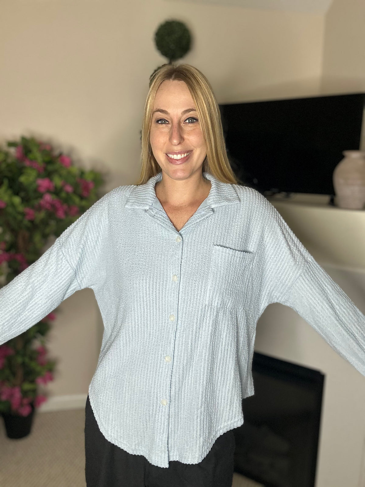 Relaxed waffle knit button down top