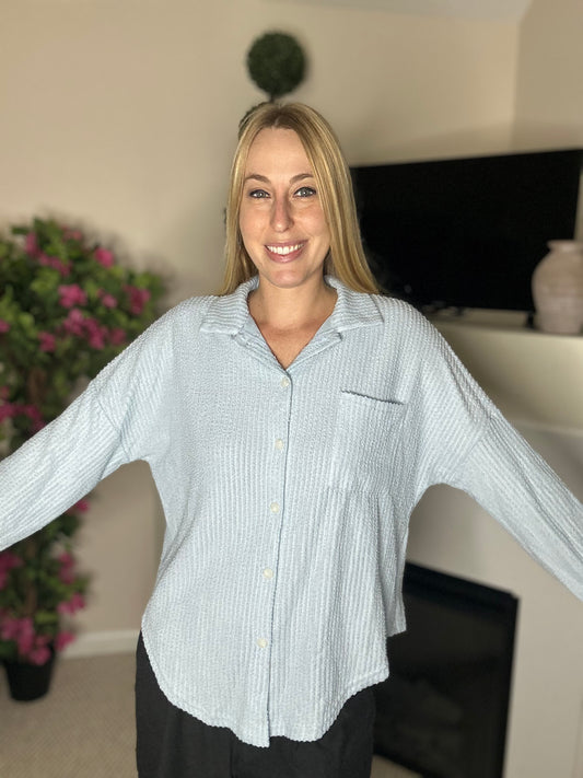 Relaxed waffle knit button down top