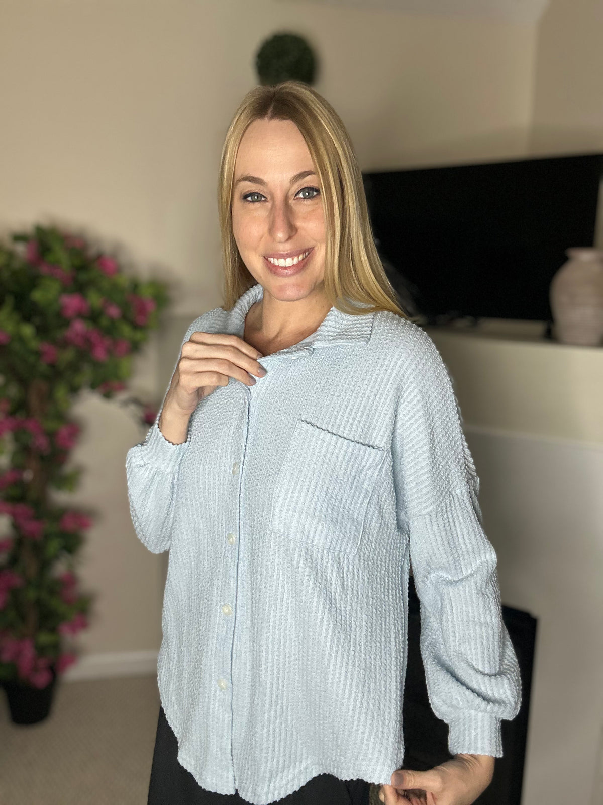 Relaxed waffle knit button down top