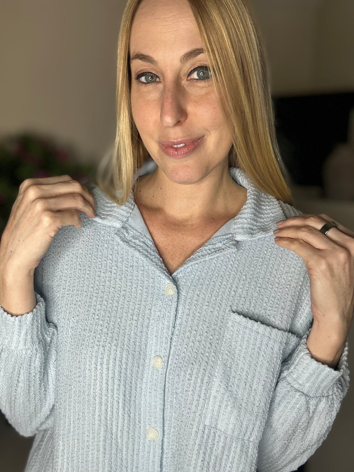Relaxed waffle knit button down top