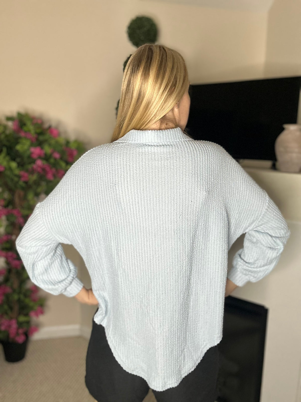 Relaxed waffle knit button down top
