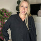 Black relaxed fit waffle knit button down top