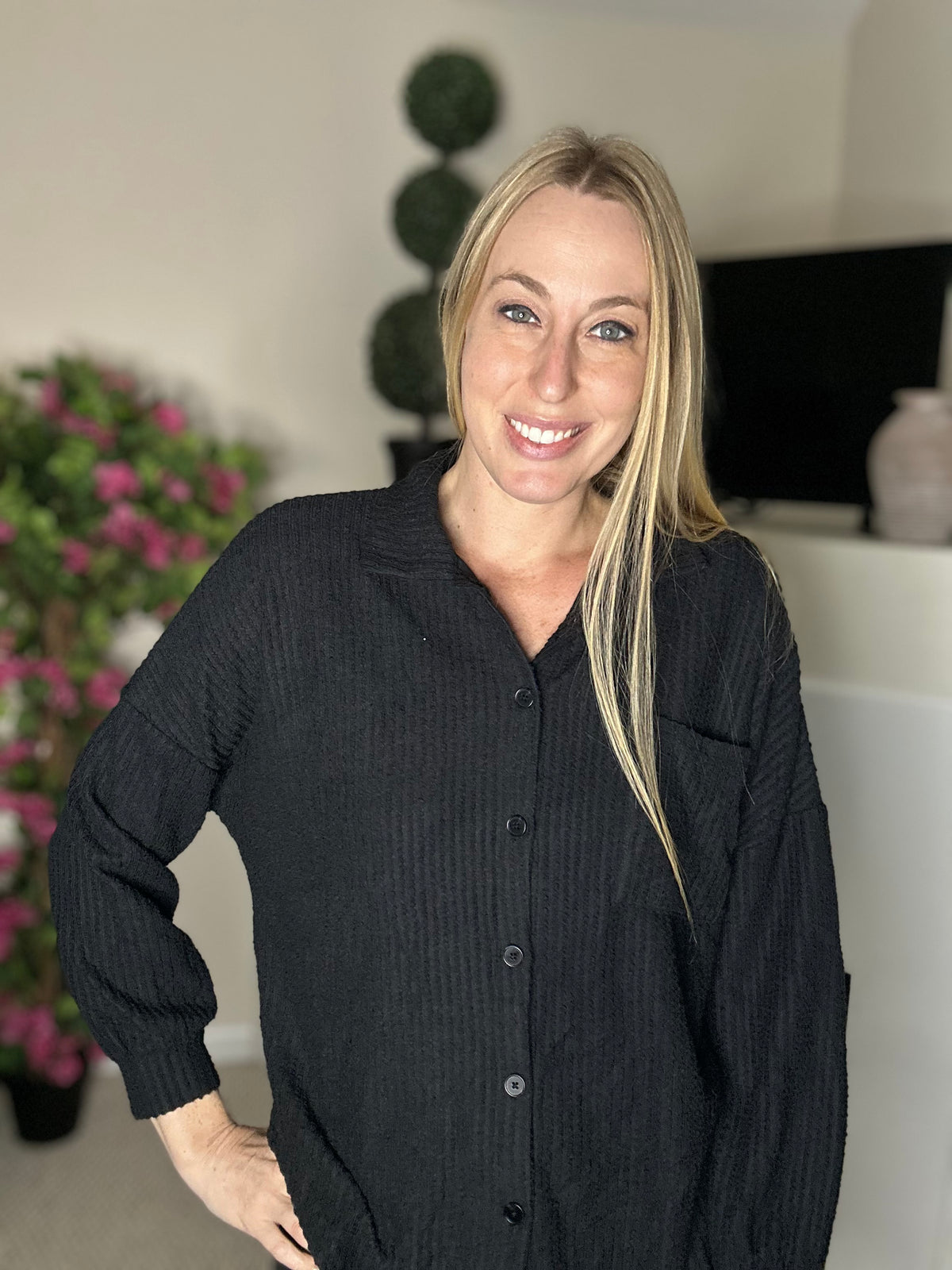 Black relaxed fit waffle knit button down top
