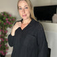 Black relaxed fit waffle knit button down top