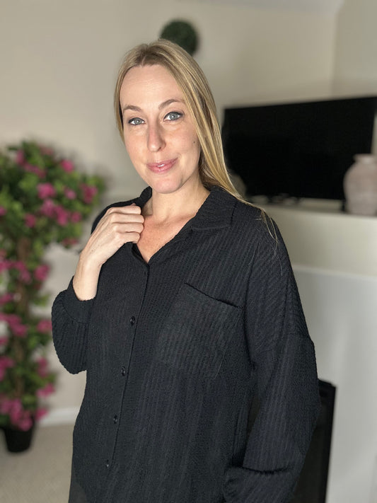 Black relaxed fit waffle knit button down top