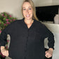 Black relaxed fit waffle knit button down top