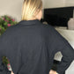 Black relaxed fit waffle knit button down top