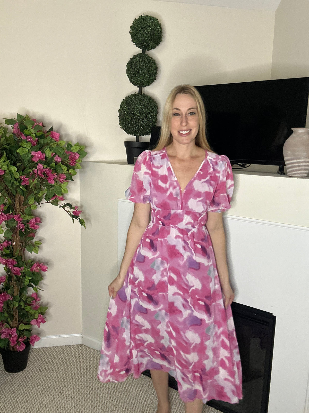 Pink watercolor floral midi dress