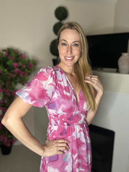 Pink watercolor floral midi dress