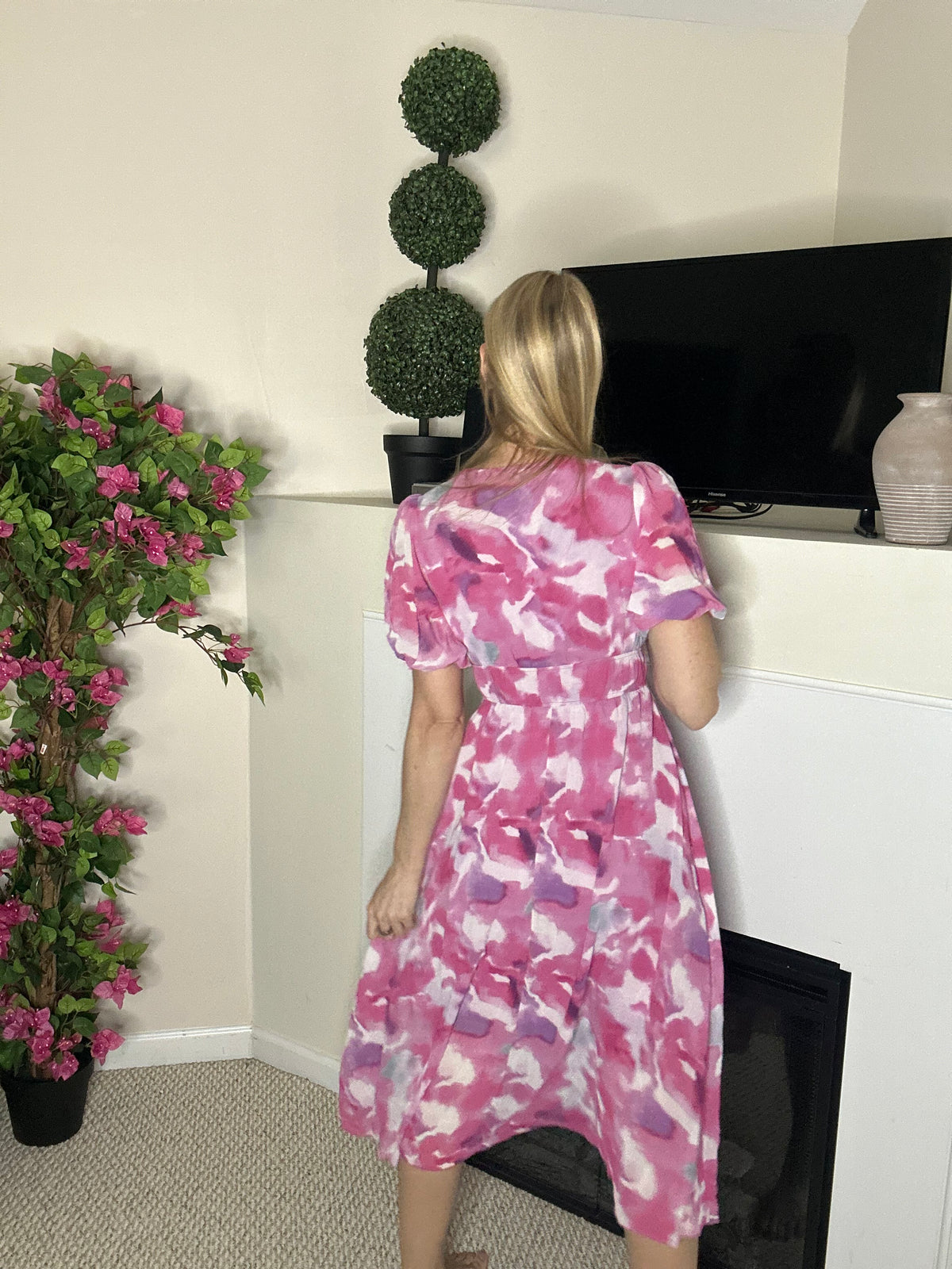 Pink watercolor floral midi dress