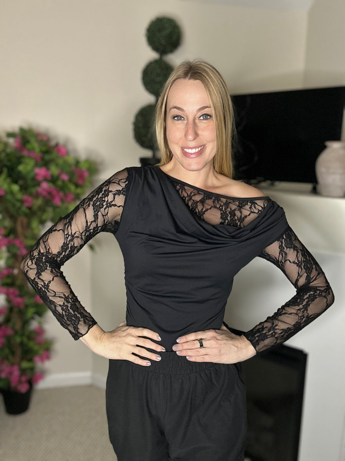 Black lace off the shoulder bodysuit