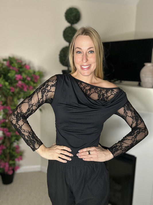 Black lace off the shoulder bodysuit