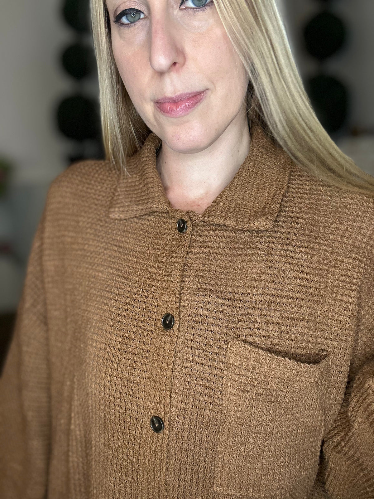 Brown waffle knit button down blouse