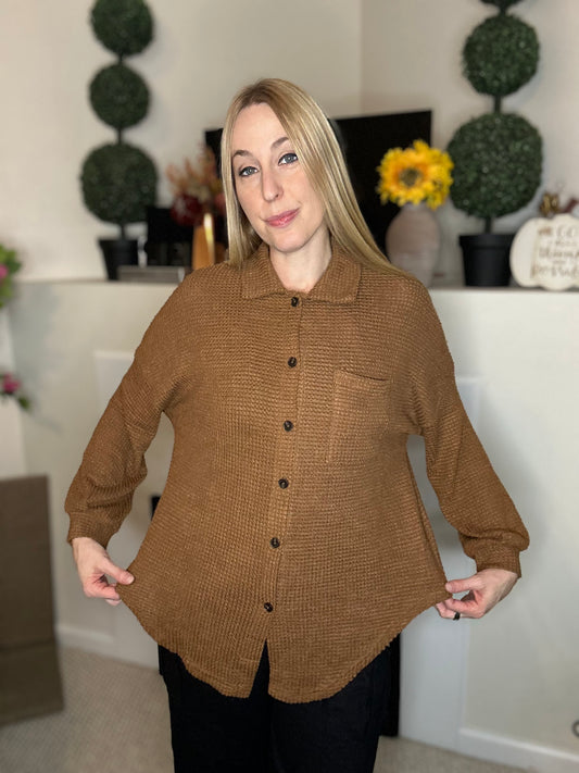 Brown waffle knit button down blouse