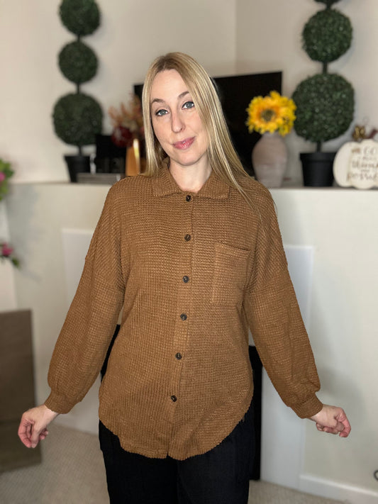 Brown waffle knit button down blouse