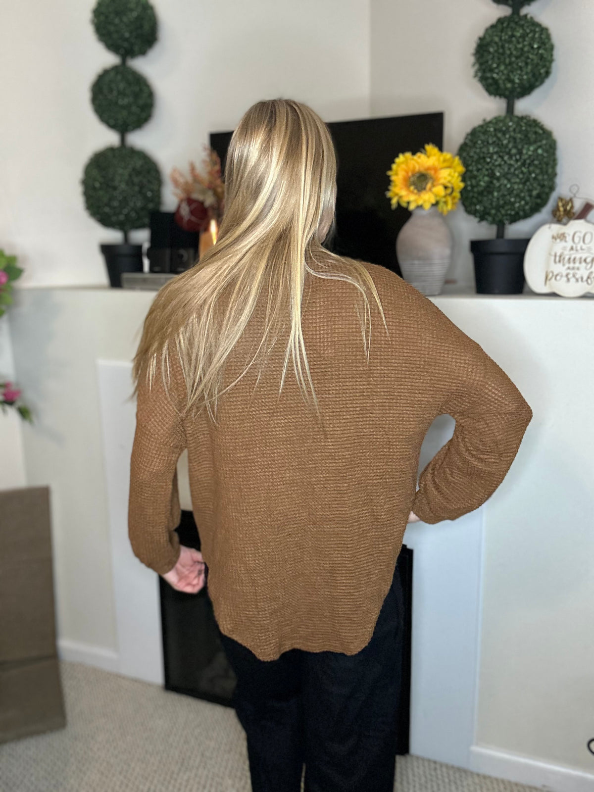 Brown waffle knit button down blouse