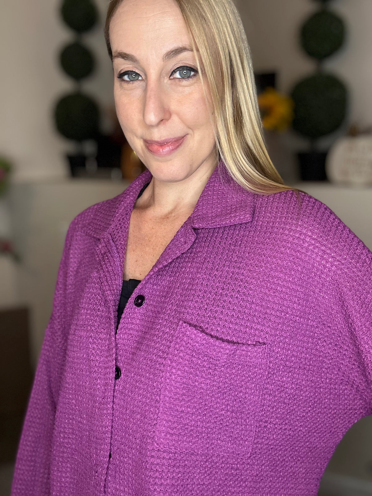 Purple waffle knit button up shacket