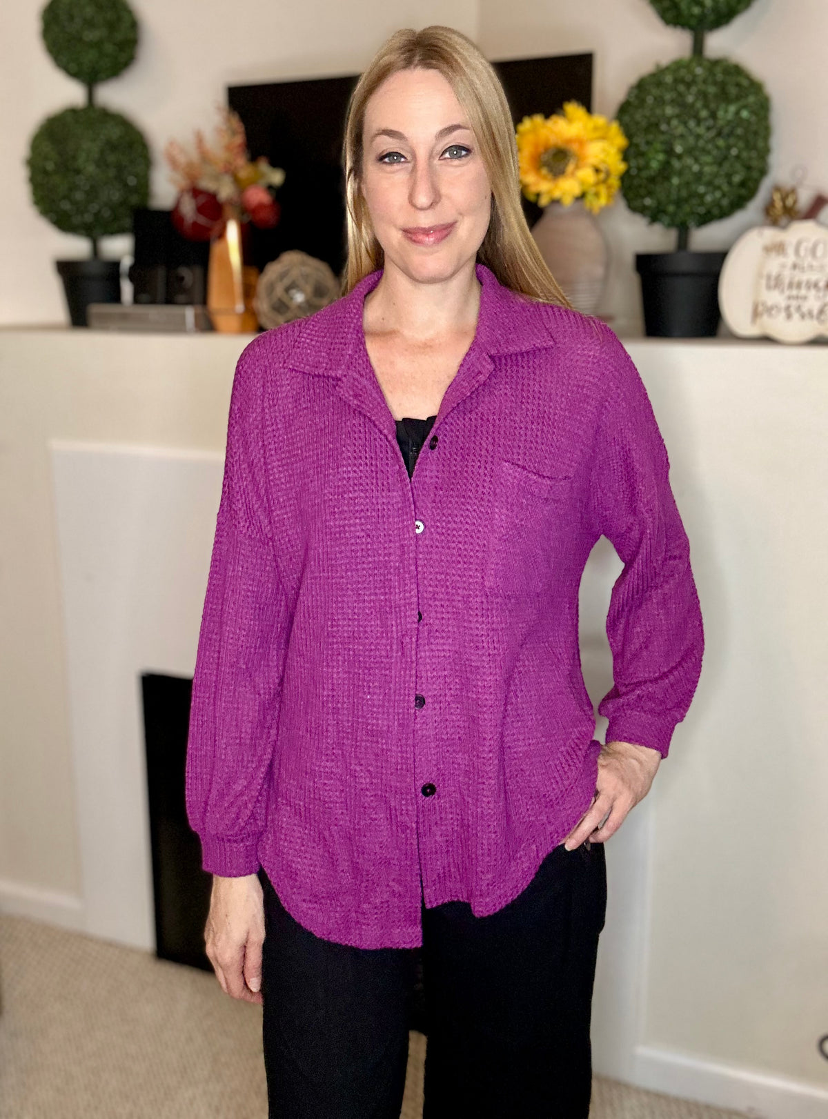 Purple waffle knit button up shacket