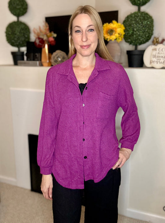 Purple waffle knit button up shacket