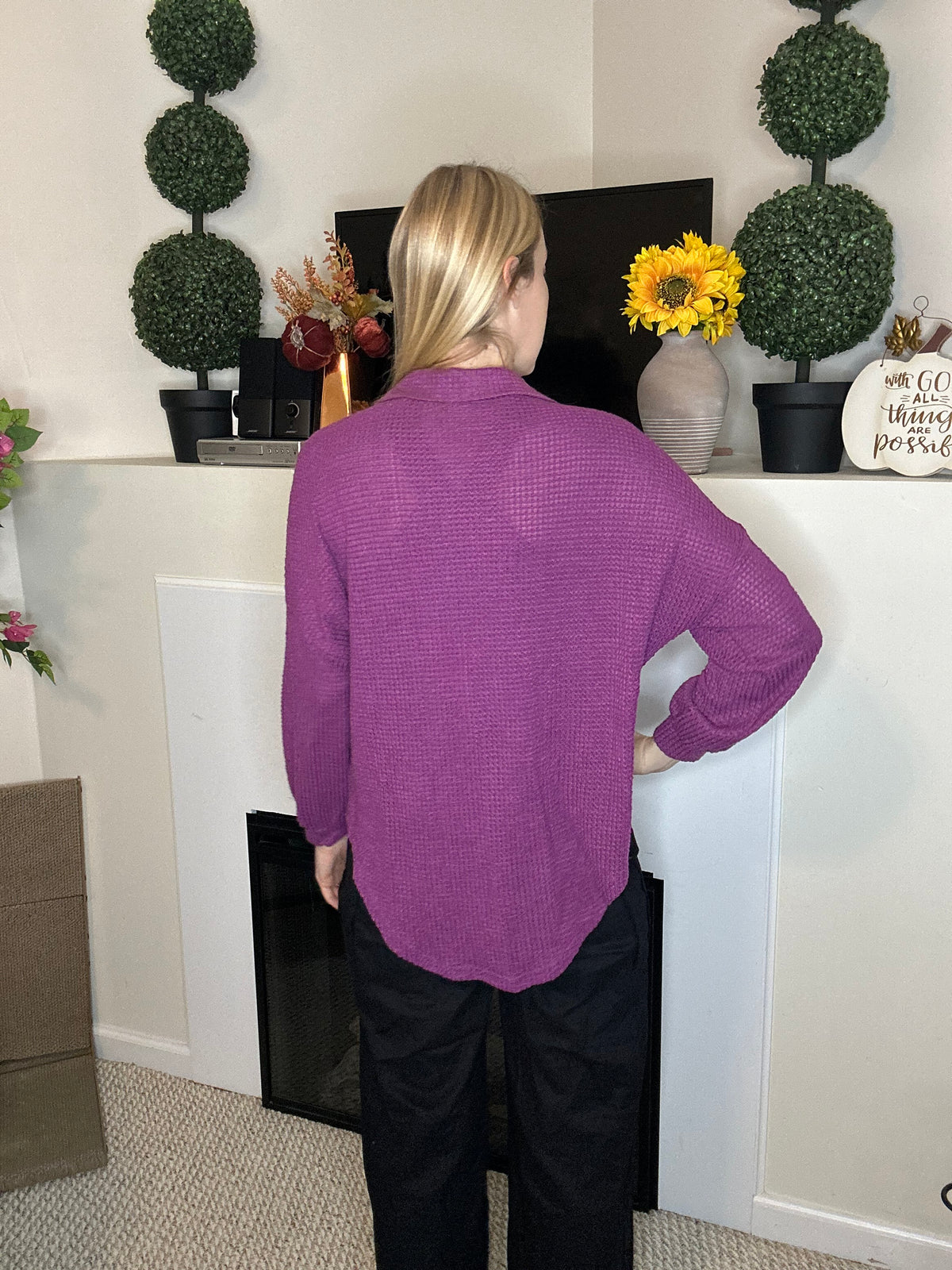 Purple waffle knit button up shacket
